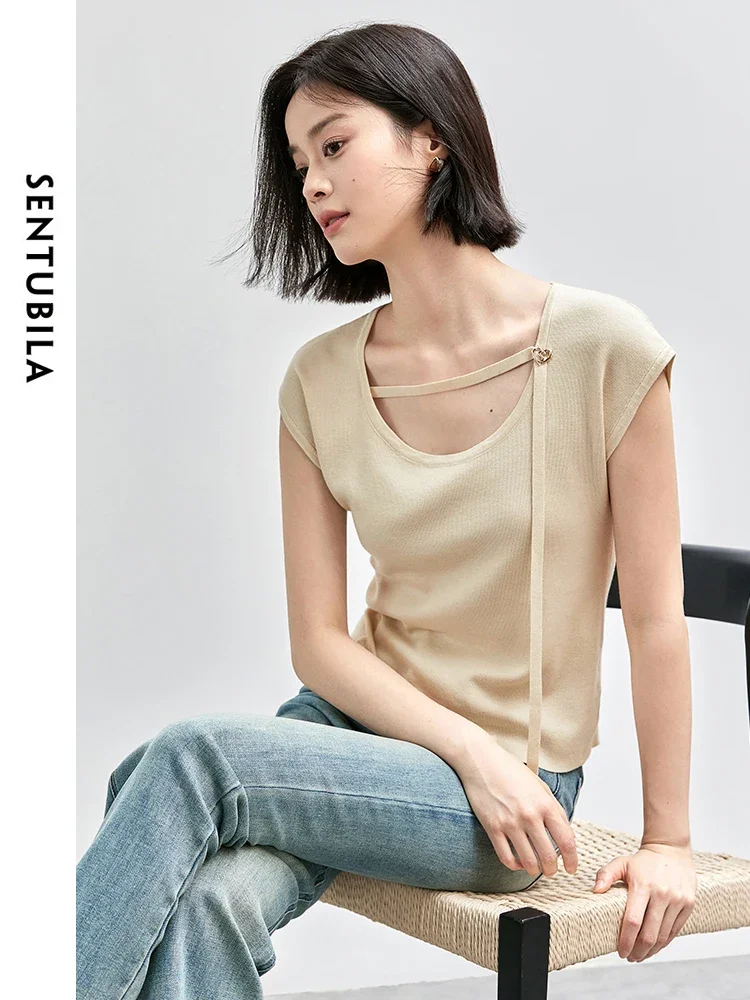 GENTUBILA-Pull en tricot à manches courtes pour femmes, col bas noué, coupe droite, mode estivale, W42H54796