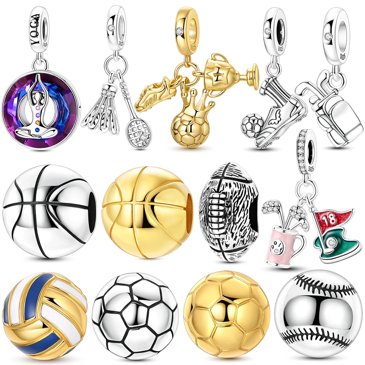 Silver Sports Basketball Charms Beads Fit Original Bracelet Bag Keychain Earring Charm Bead Pendant Diy Women Jewelry Gift
