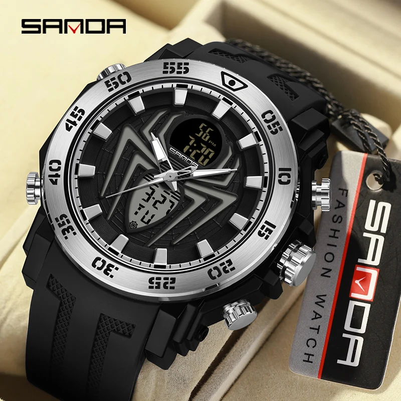 SANDA Men Military Watches Big Spider Dial Sport Watch LED Digital Waterproof Watch Men Multifunction Dual Display Clock Relogio