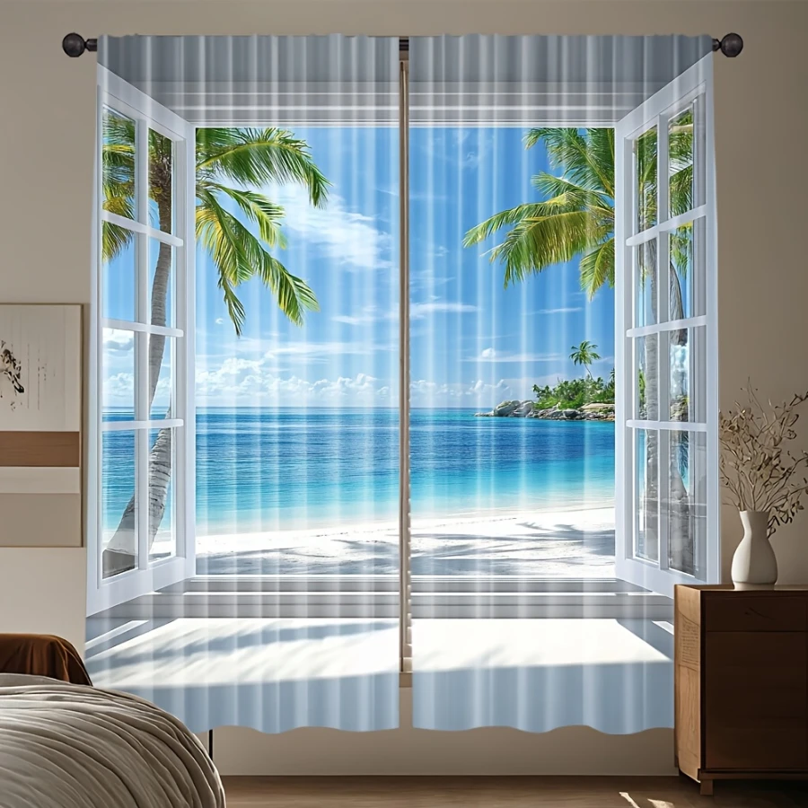 2PCS Digital Printed Curtains, Seaside Window View Design, Nautical Ocean Style for Living Room Bedroom Kitchen Home Decor