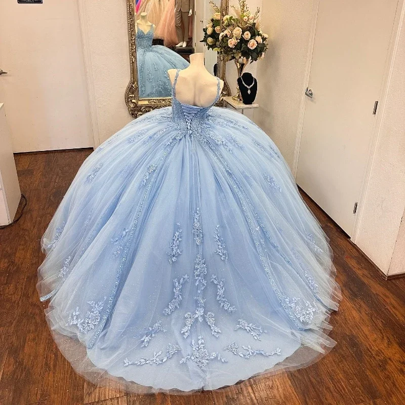 Light Blue Tulle เจ้าหญิง Quinceanera ชุด Appliques Lace Up วันเกิดเม็กซิกันสาว Vestidos De 15 ปี Ball Gowns