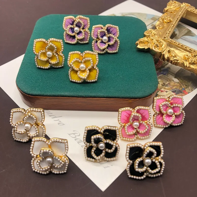 

French Palace Style Colorful Enamel Glaze Double Layer 3D Flower Earrings