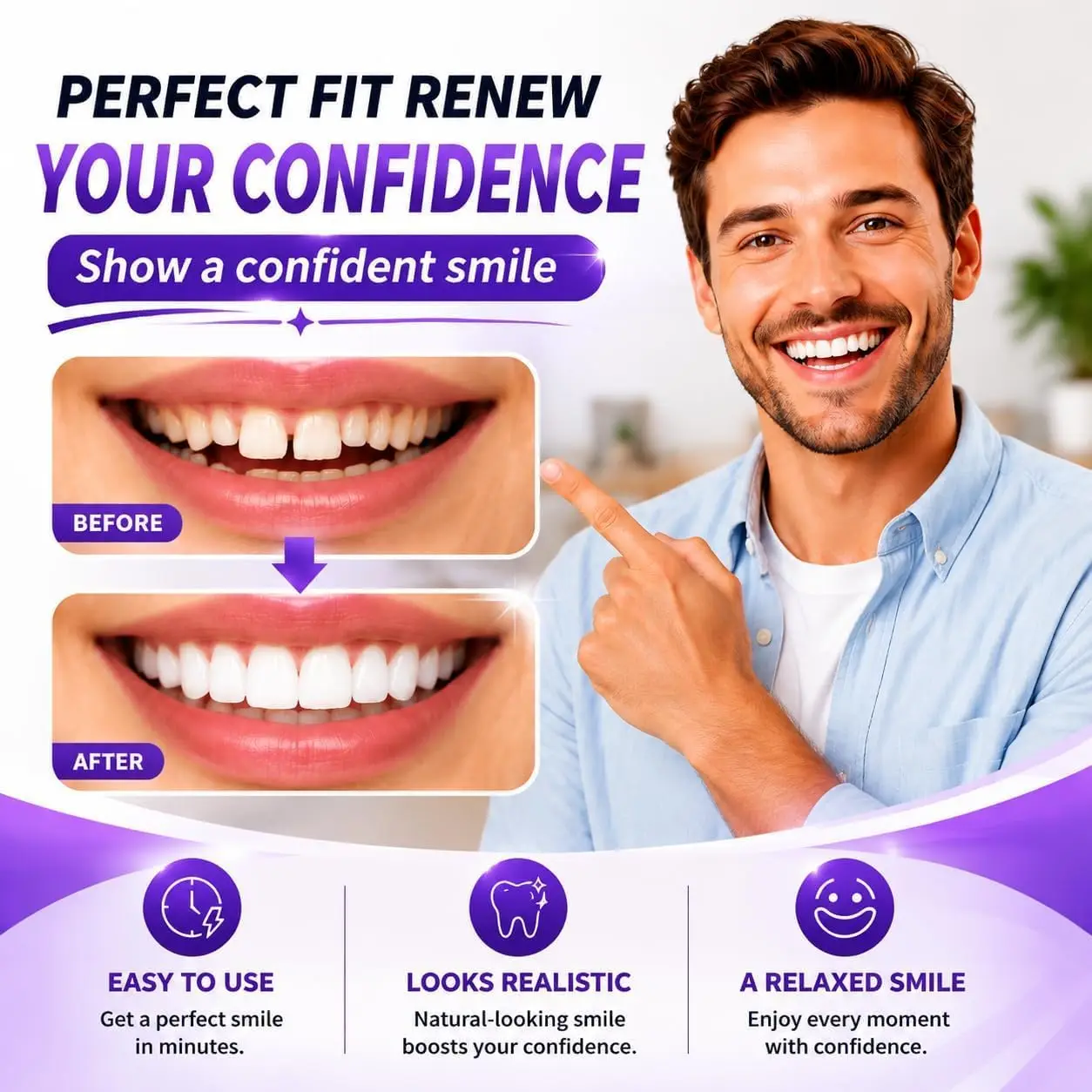 2 Pairs Veneers Teeth for Women and Men, Tooth Replacement Kit, Nature and Comfortable
