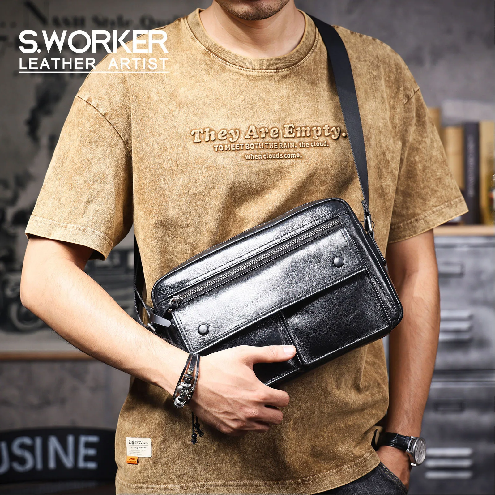 Echte Leder-Brusttasche für Herren, Casual-Umhängetasche aus Rindsleder, Modische Handyhülle, Pflanzlich gegerbtes, gerafftes Leder – Detail 2