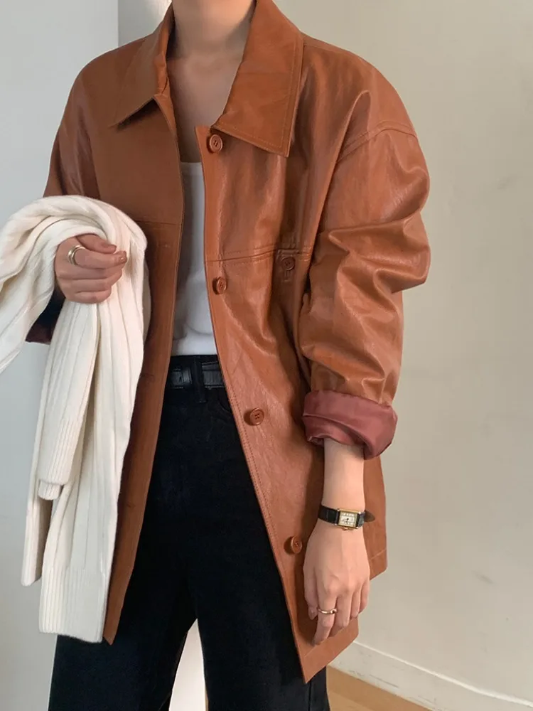 Chic Vintage Sle da donna in pelle PU allentata Jaet doppia fila bottoni colletto ribaltabile cappotto da motociclista lungo Sve autunno nuovo arrivo