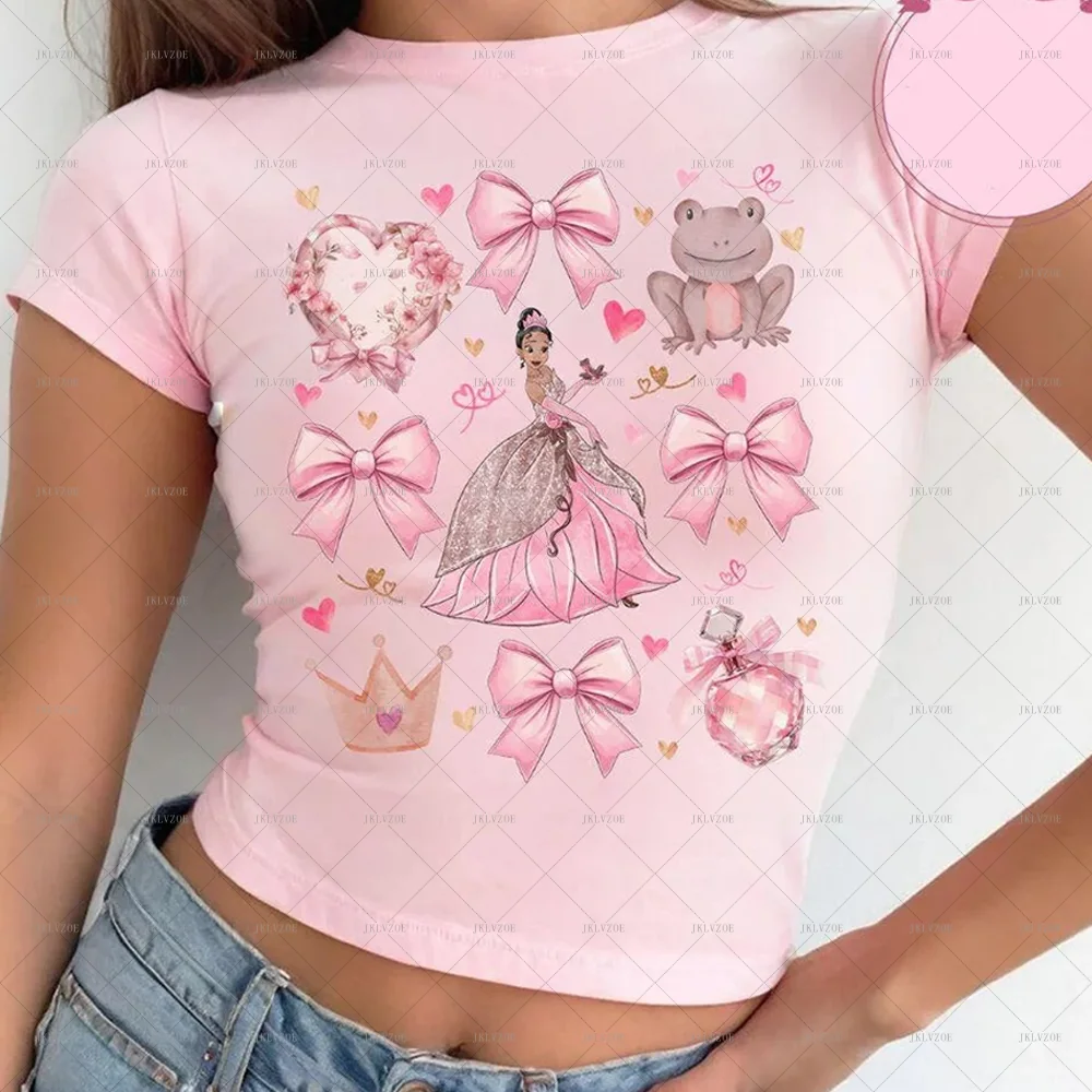 Pink Coquette Bow Disney Y2k Princess Baby Tee Crop Top Disney Valentine Girl Trip Tee Cinderella Princess Birthday Girl Croptop