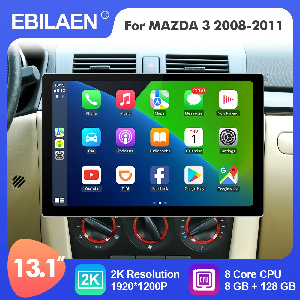 EBILAEN Android 12 13.1 Inch Car Multimedia Radio Player For Mazda 3 2003-2013 GPS Stereo 8 Core Carplay 4G WIFI