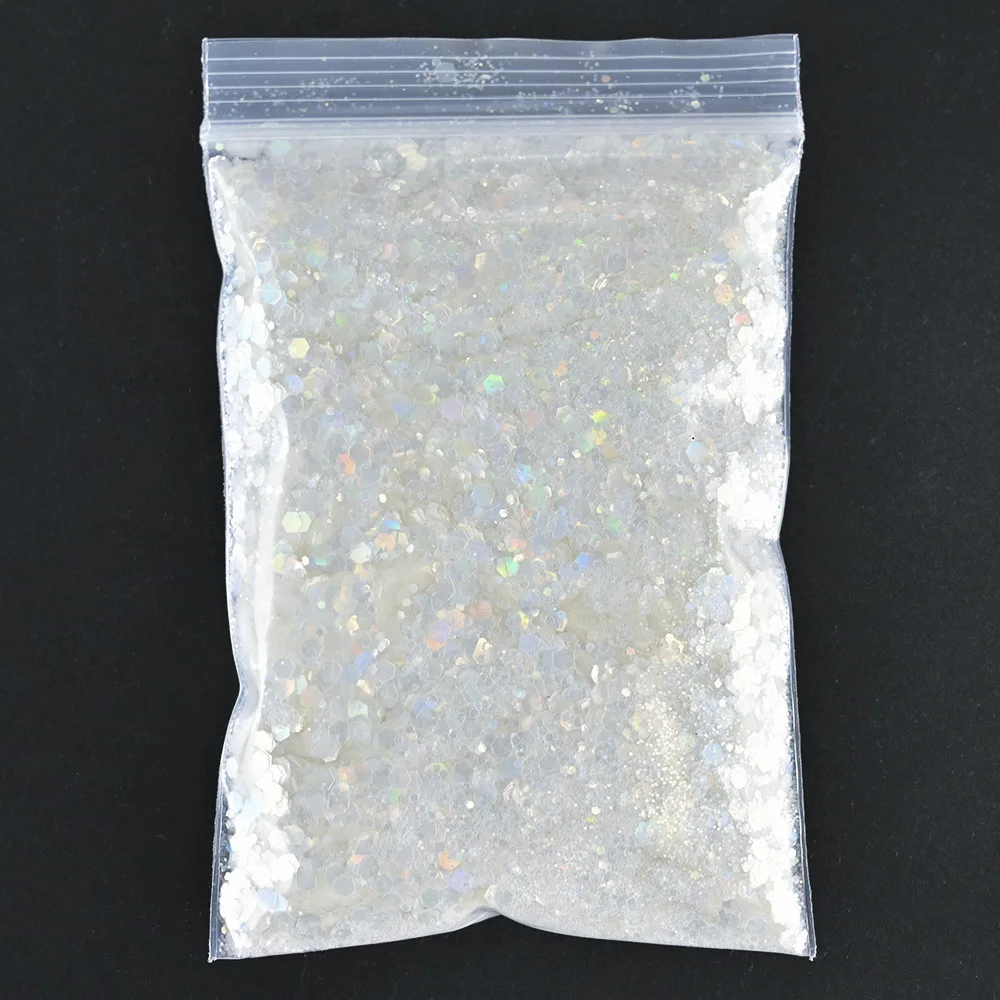 50g/bag Sparkly Iridescent Sequins Nail Glitter Holographic White Hexagon Nail Art Flakes Powder Ice Series Nail Art Decoration