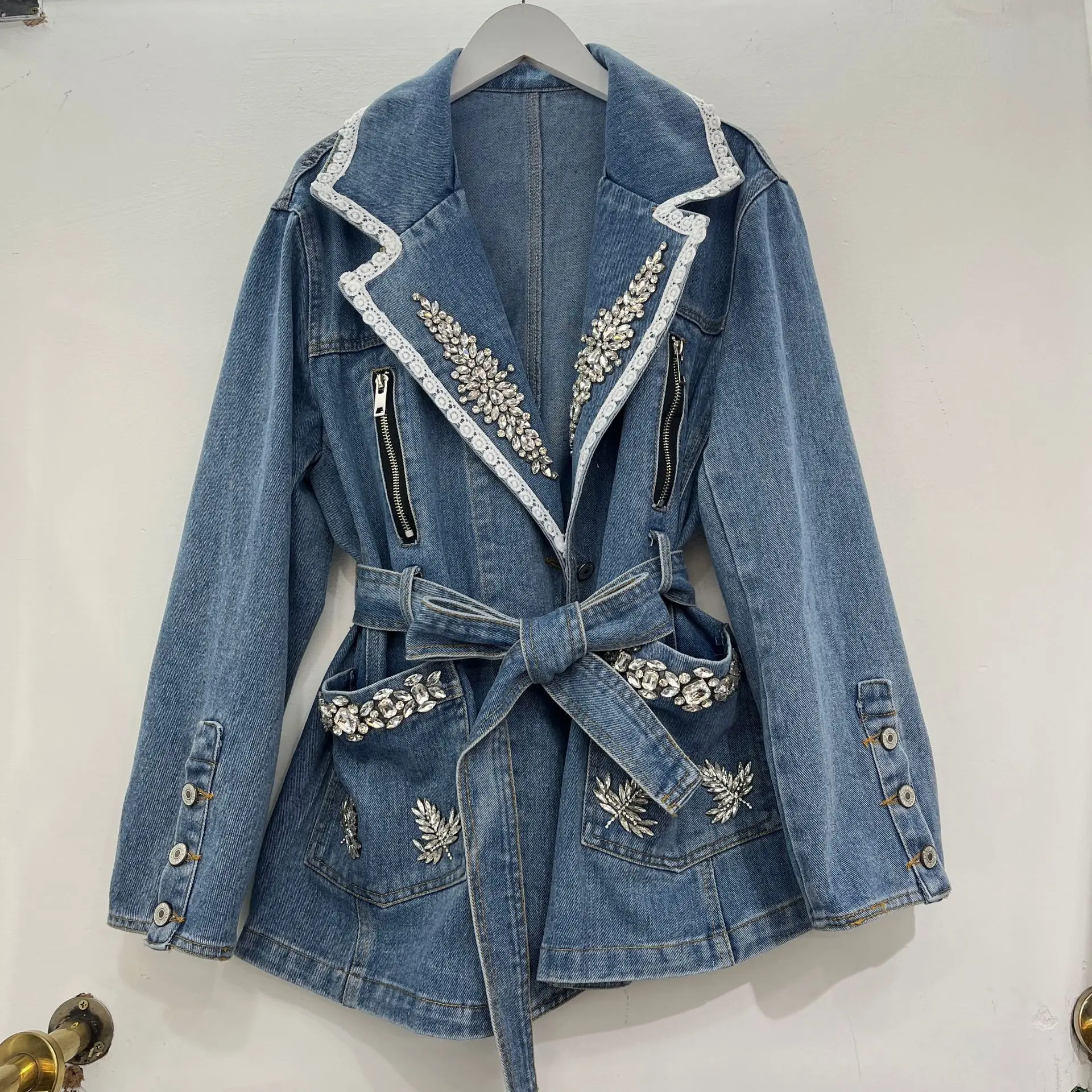 

Women’s Blue Denim Jacket Lapel Lace Trim Rhinestone Embellished Belted Waist Mid-Length Coat Luxury Sweet Cool Outerwear