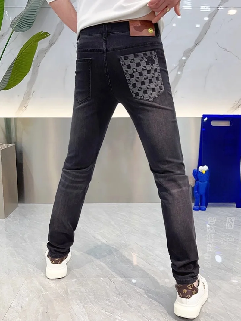 

Мужские джинсы Slim Fit из черного денима: легкие, роскошные, универсальные, в европейском стиле, эластичные, длинные брюки для повседневной носки