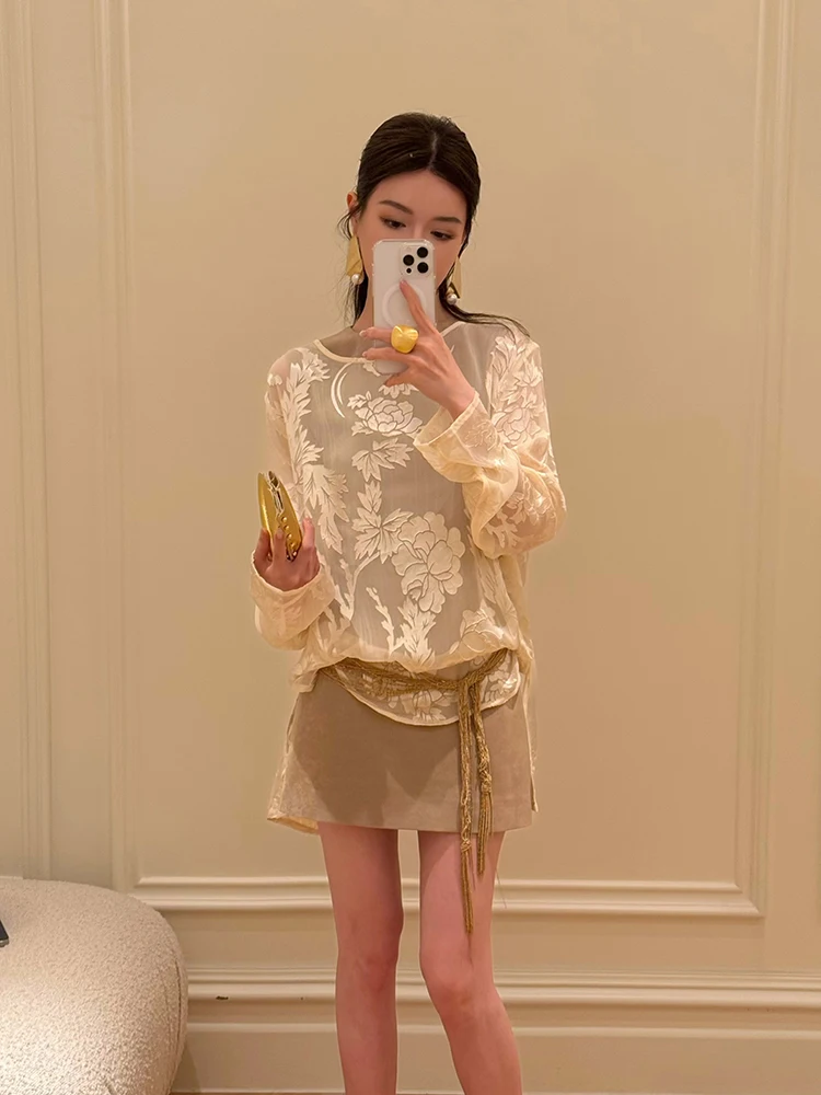 

Футболка SMOL свободного кроя с круглым вырезом, вышивкой и прозрачными элементами, повседневная, в китайском стиле, с цветочным узором, средней плотности