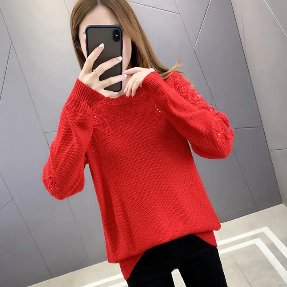 Popular Casual Sweater Sequins Decor Loose Fit Lady Lace Stitching Knitting Sweater  Skin-Touch Pullover Sweater Daily Clothing