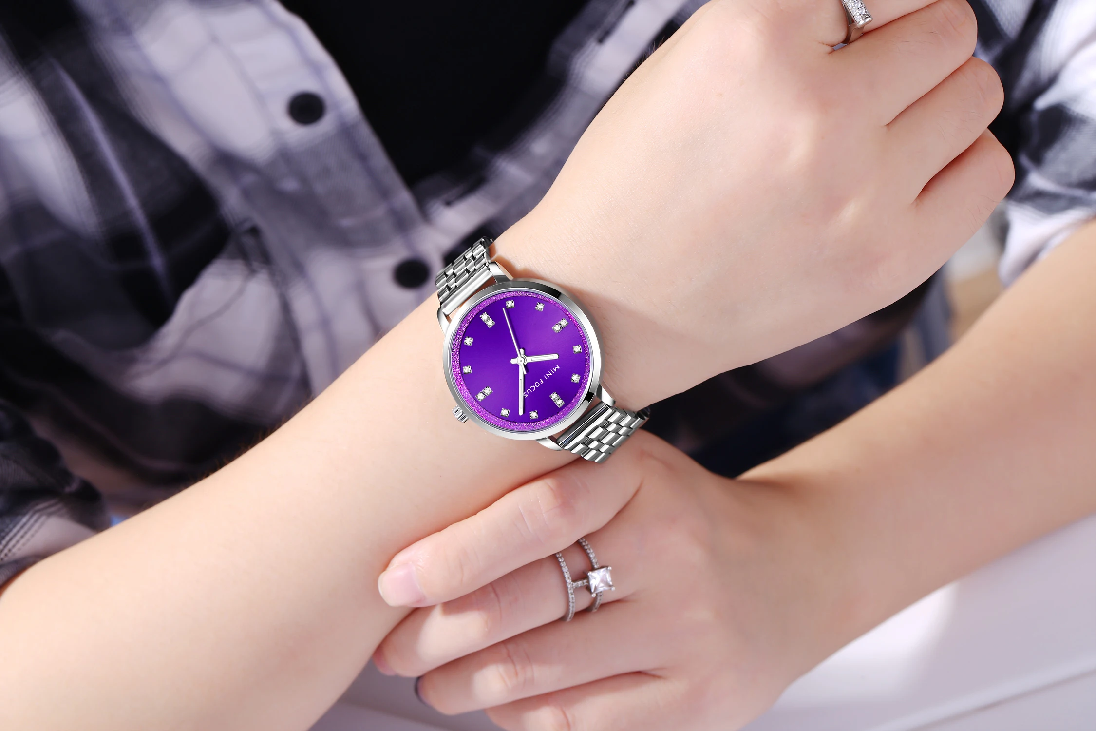 Mini Focus MF0047L Деловые часы Модные стильные серебряные часы из нержавеющей стали с синим циферблатом Водонепроницаемые женские кварцевые часы