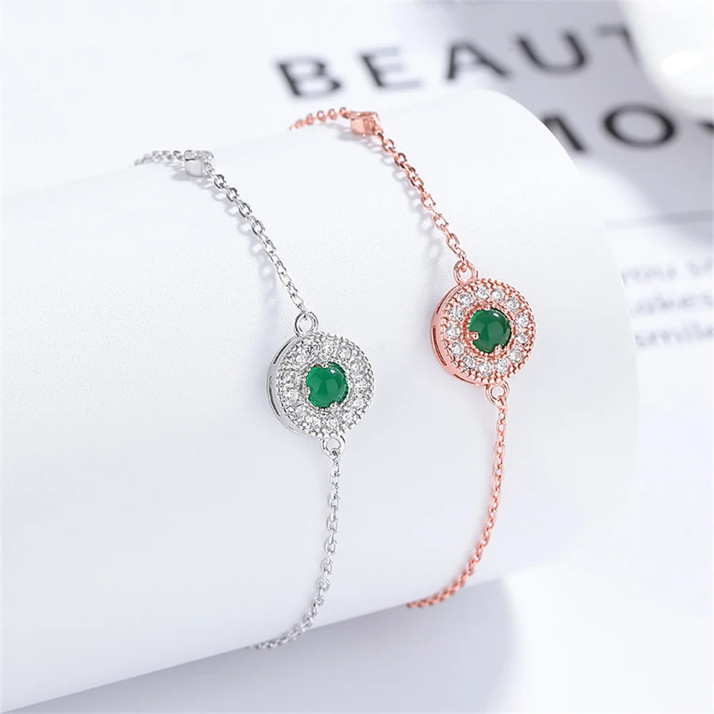 

925 Sterling Silver Round Emerald Zircon Bracelet, Korean INS Style, Niche Pave Women's Jewelry