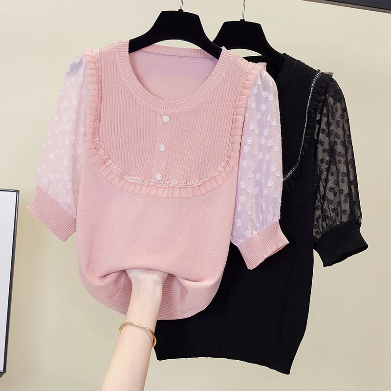 

Women's 2024 Summer New Sweet Commute Round Neck Lace Spliced Fake Two Pieces Short Sleeve Pullover Button Knitted T-shirts Tops