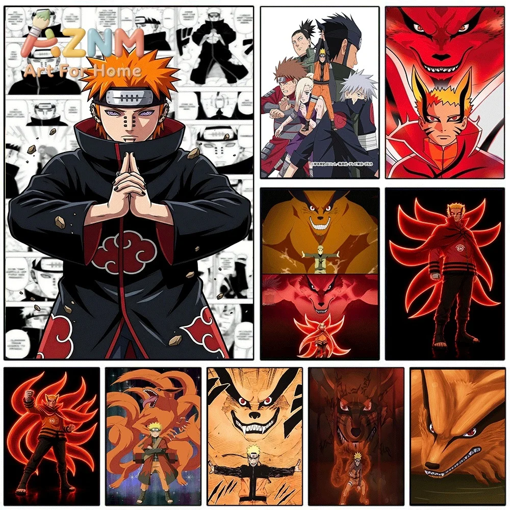 Naruto Pain & Kurama Nine‑Tails Anime Canvas Wall Art Print, Unframed Canvas Painting, Japanese Manga Poster for Bedroom Livin