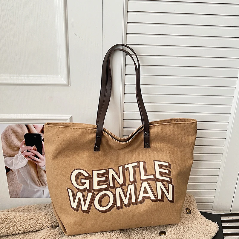 

Canvas Bag Female Reusable High Capacity Shopping Bag Designer Letter Print Handbag Japanese Style Simple College Book Bag