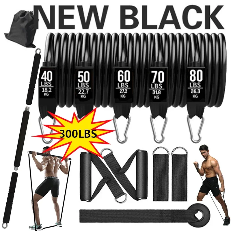 New Black Pilates Bar Kit with Resistance Bands Set, 3-Section Detachable Workout Bar, Bodybuilding Elastic Bands for Exercise