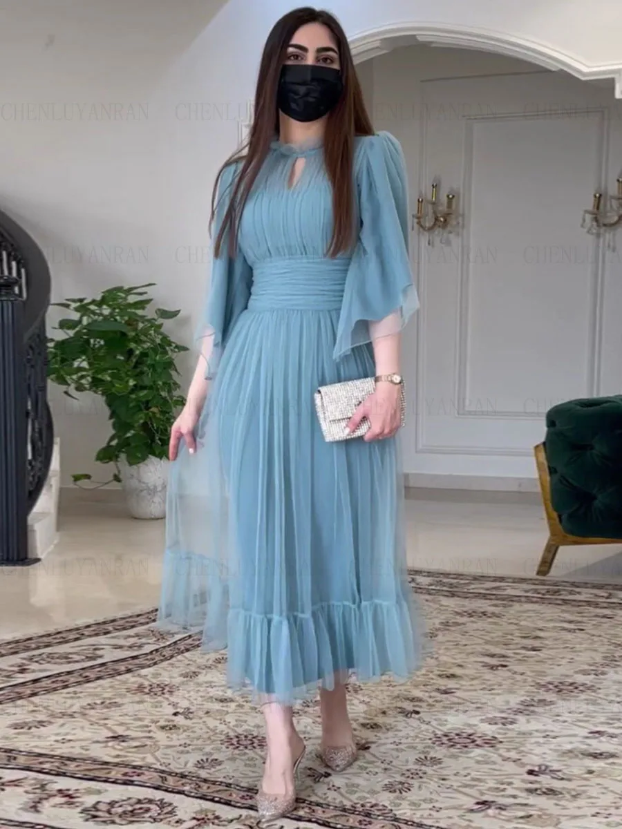 

Blue Tea-Length Formal Occasion Dresses 2025 High Neck Tulle Party Dress Lace Up 3/4 Sleeves Elegant Evening Gowns فساتين السهرة