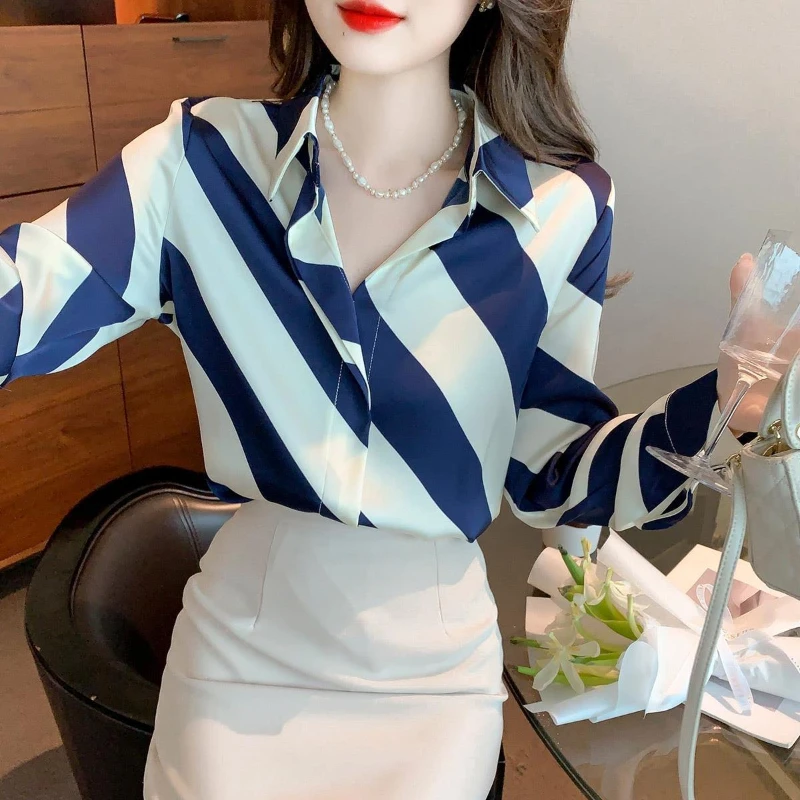 Blue Striped Loose Elegant Blouse Long Sleeve Polo Neck Korean Shirt Tops Spring Autumn New Fashion Temperament Women Clothing