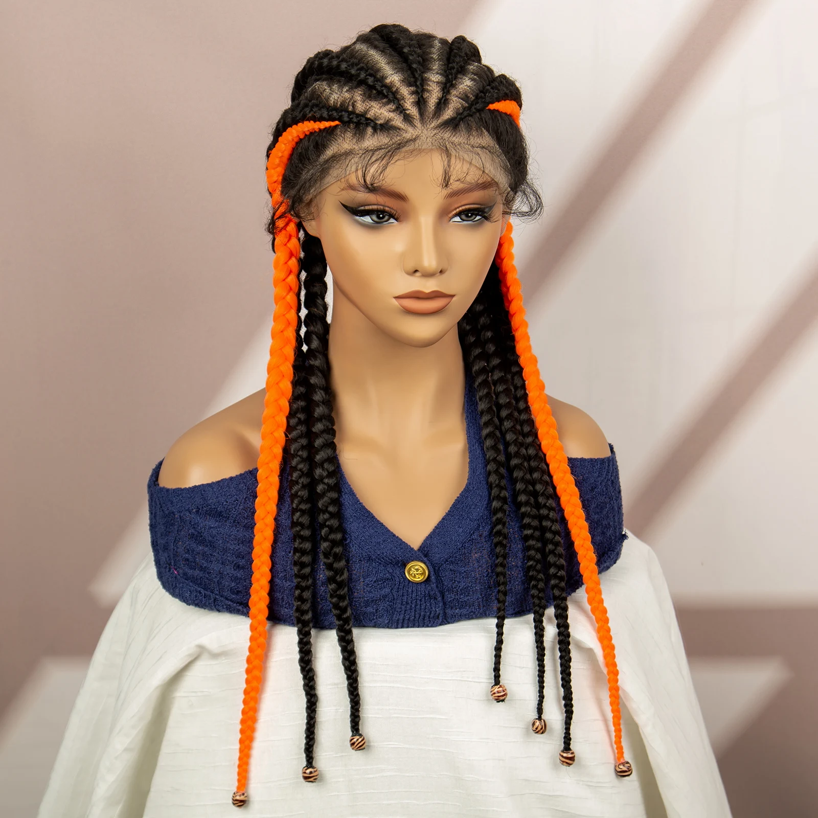 Oranje Highlight Synthetische Gevlochten Pruiken Cornrow Gevlochten Pruiken Volledig Kant Vlechten Haar Pruiken Natuurlijke Kleur Pruik Met Baby Haar