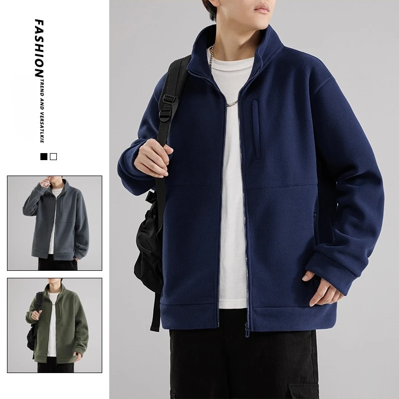 

Fleece-lined Thicken Men's Autumn Winter Jacket Warm Stand-up Collar Casual Sports Coat Men Simple Solid Color Business Jacket