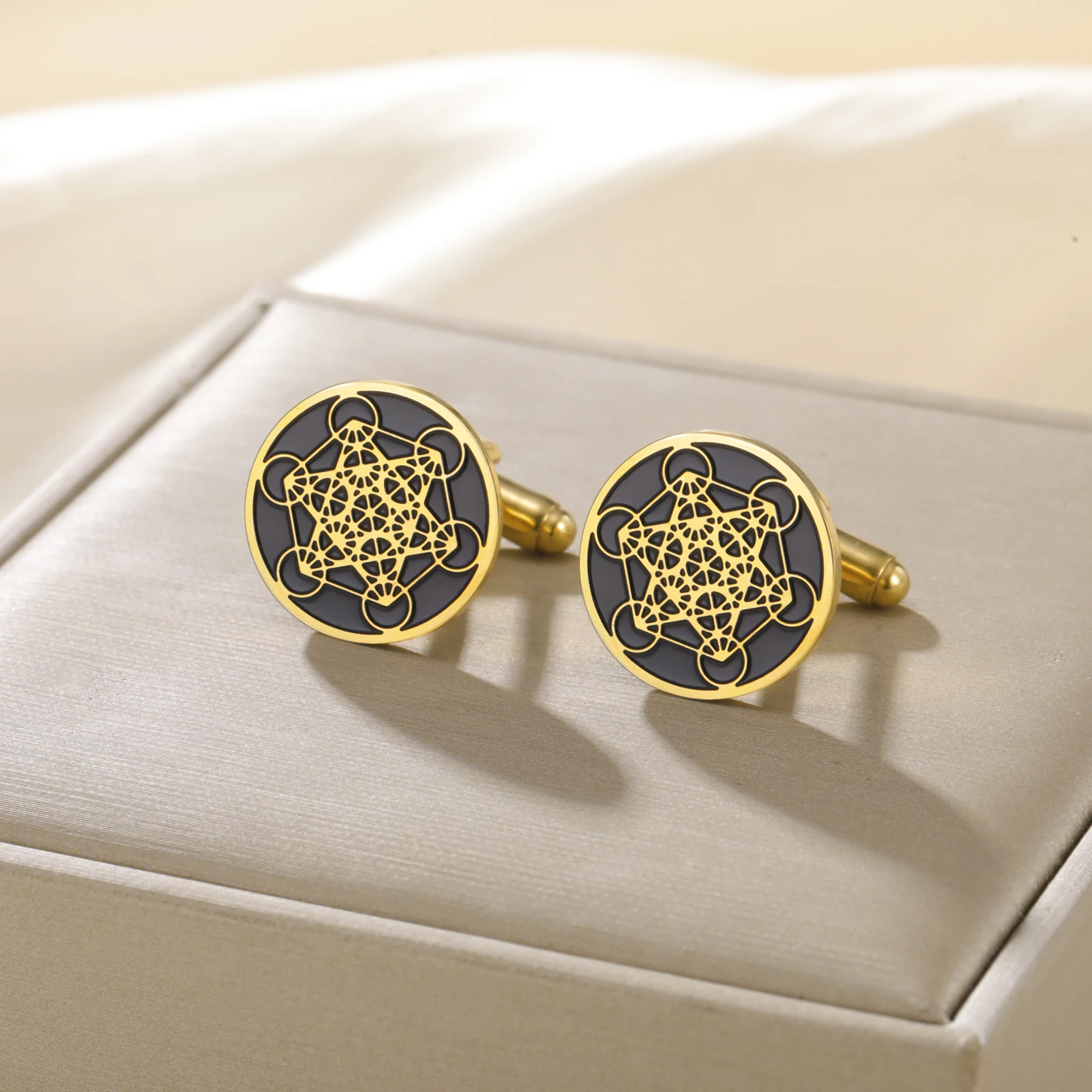 LIKGREAT Metatron Cube Cufflinks for Men Stainless Steel Dress Cuff Links Sacred Geometry Spiritual Protection Talisman Jewelry