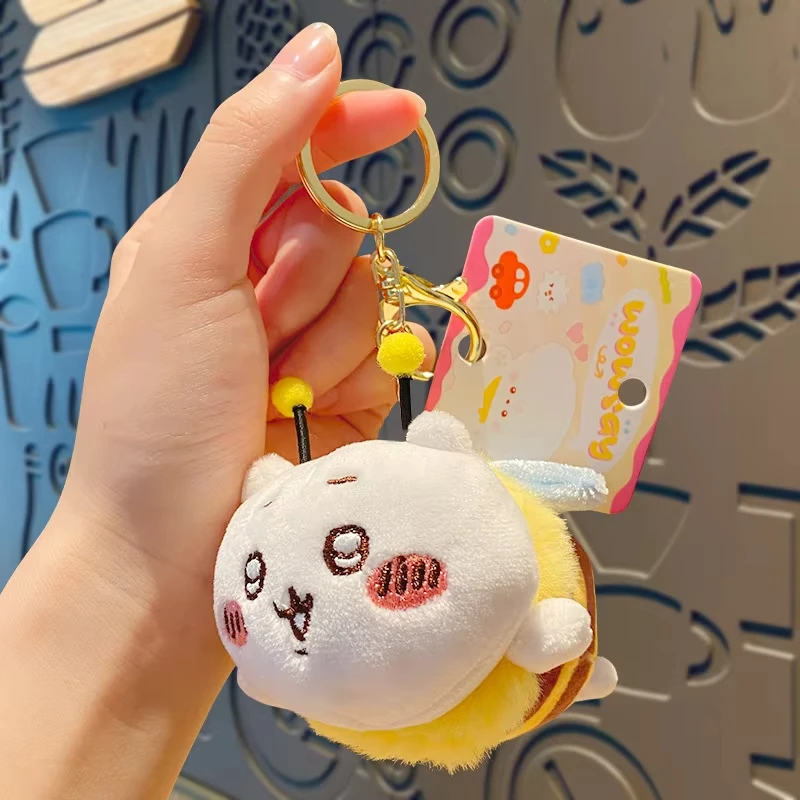 Miniso chaveiro de pelúcia série chiikawa pequena abelha dos desenhos animados boneca hachiware usagi mochilas pingente decoração bonito brinquedos de pelúcia crianças presentes