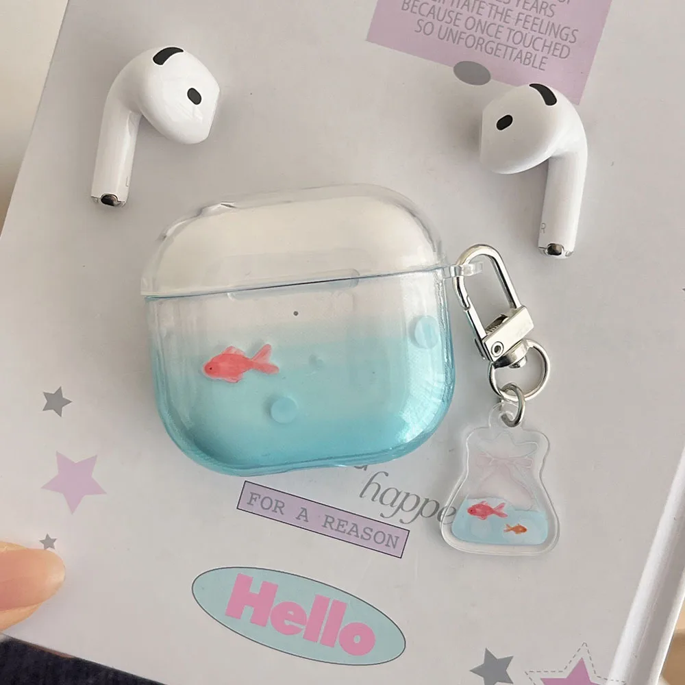 Ins Transparent Blue Gradient Goldfish Wireless Earphone Case For Apple Airpods 4 Pro 2nd 3 1 2 Koi Fish Pendant Headphone Cover