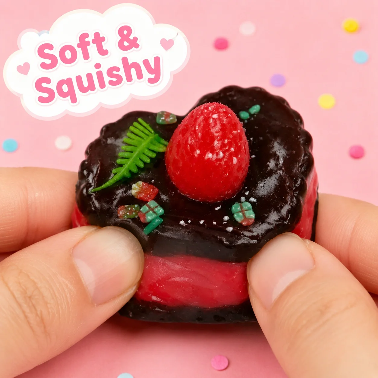 Kawaii Xmas Heart Dessert Mochi Squishy Toy Food Grade Soft Silicone Imitation Chocolate Berry Pastry Ornament Squeeze Toy
