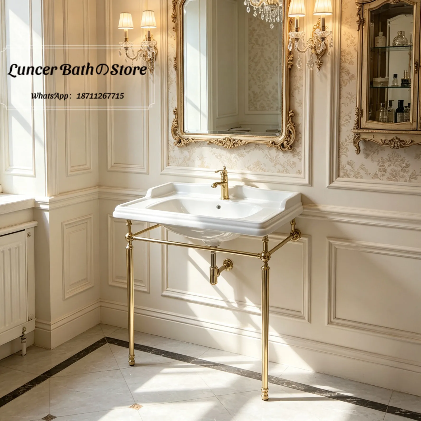 British American Retro Bracket Integrated Ceramic Wash Basin Complete Set With Solid Brass Faucet For Bathroom