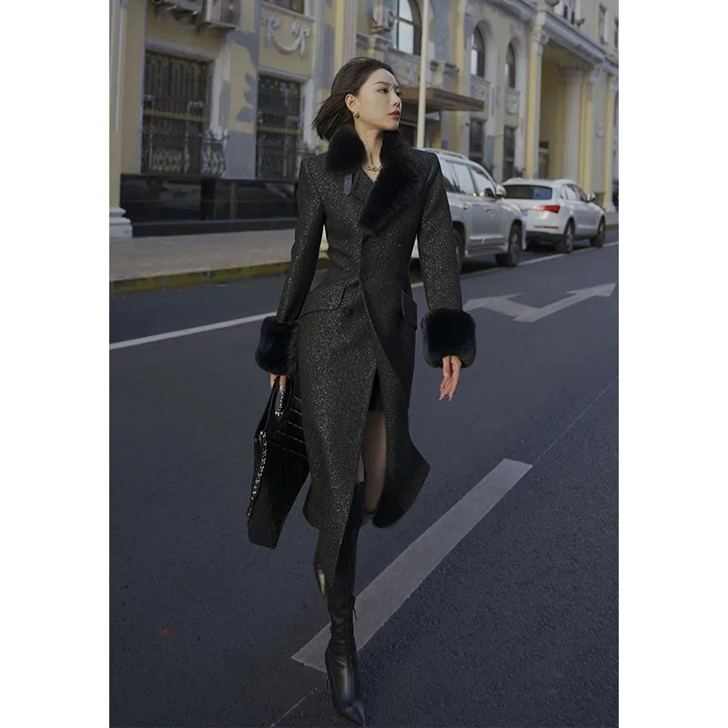 

2023 Autumn and Winter New French Fragrance Style Charm Celebrity Slim Fit Thickened Panel Mid length Woolen Coat Women's