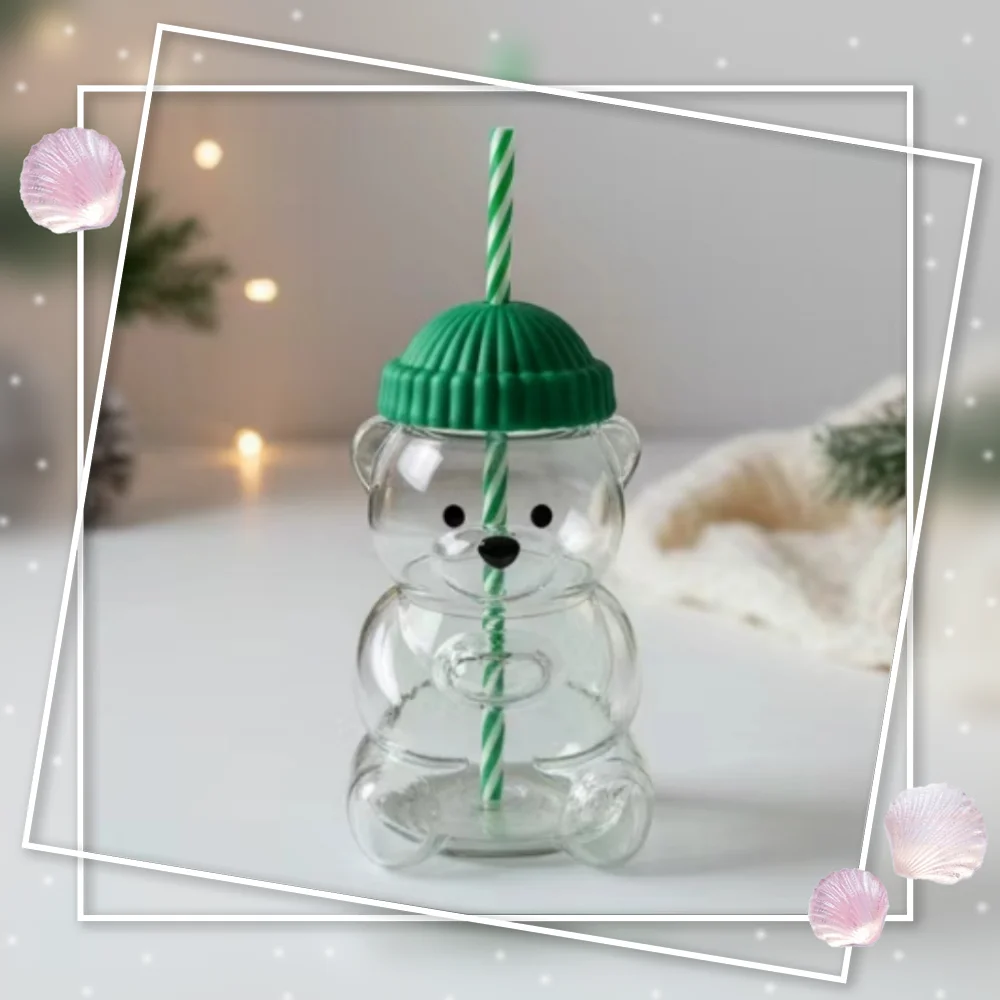كوب الدب الجديد مع القش، زجاجة زجاجية رائعة تتميز بدب يرتدي قبعة، مناسبة كزجاجة شاي بالحليب، زجاجة مشروبات