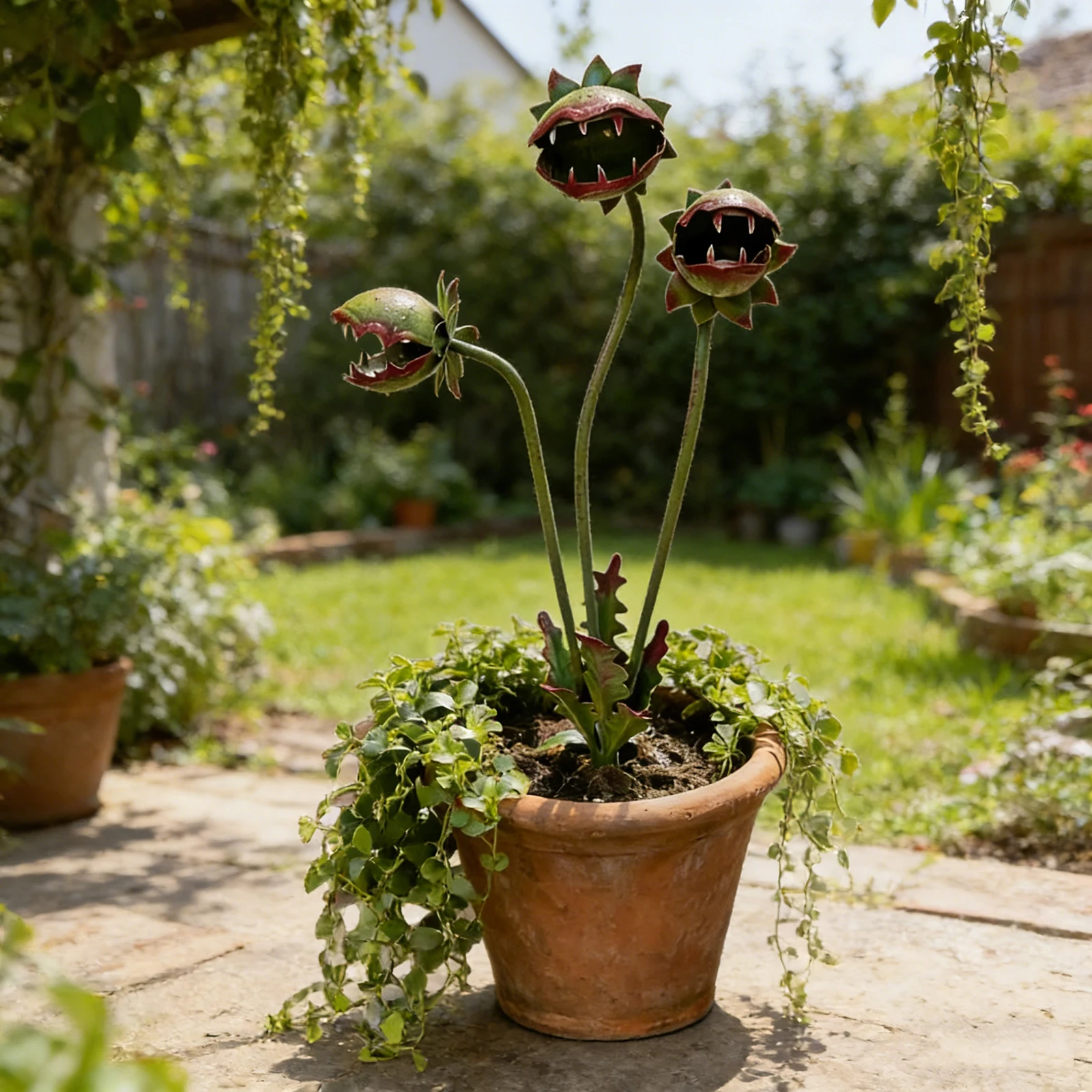 3-1PCS 25 Inch Venus Flytrap Monster Plant Sculpture 3 Head Whimsical Flower Sculpture Yard Art Decor Unique Quirky Garden Gift