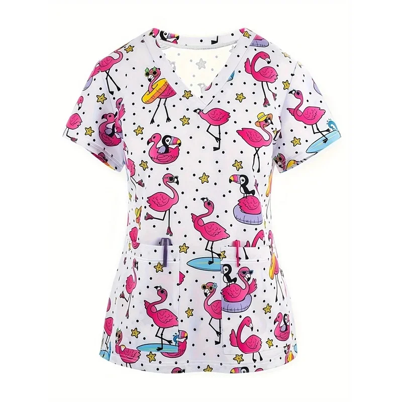 Women's Printed Short-Sleeve Shirt V-Collar Medical Workwear Shirt with Pockets for Dentists Veterinarians and Medical Personnel