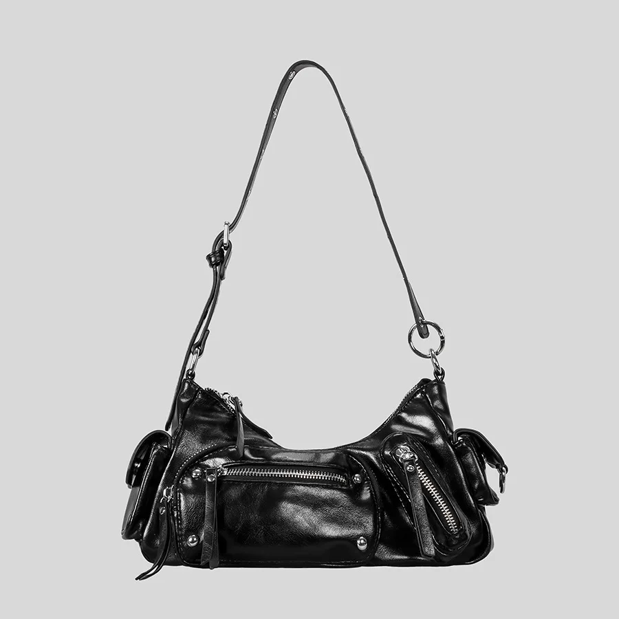 

Stylish Punk Multi Pocket Retro PU Leather Studded Motorcycle Underarm Bag Women's Luxury Designer Sle Belt Decorated Crossbody
