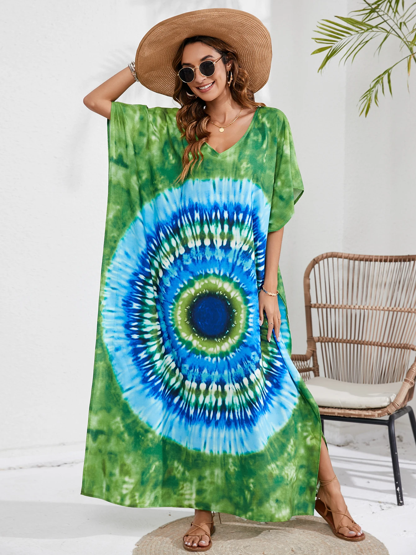 Women s Boho Cover Up  Plus Size Tie Dye Batwing Sleeve V Neck Maxi Kaftan Cover Up Dress