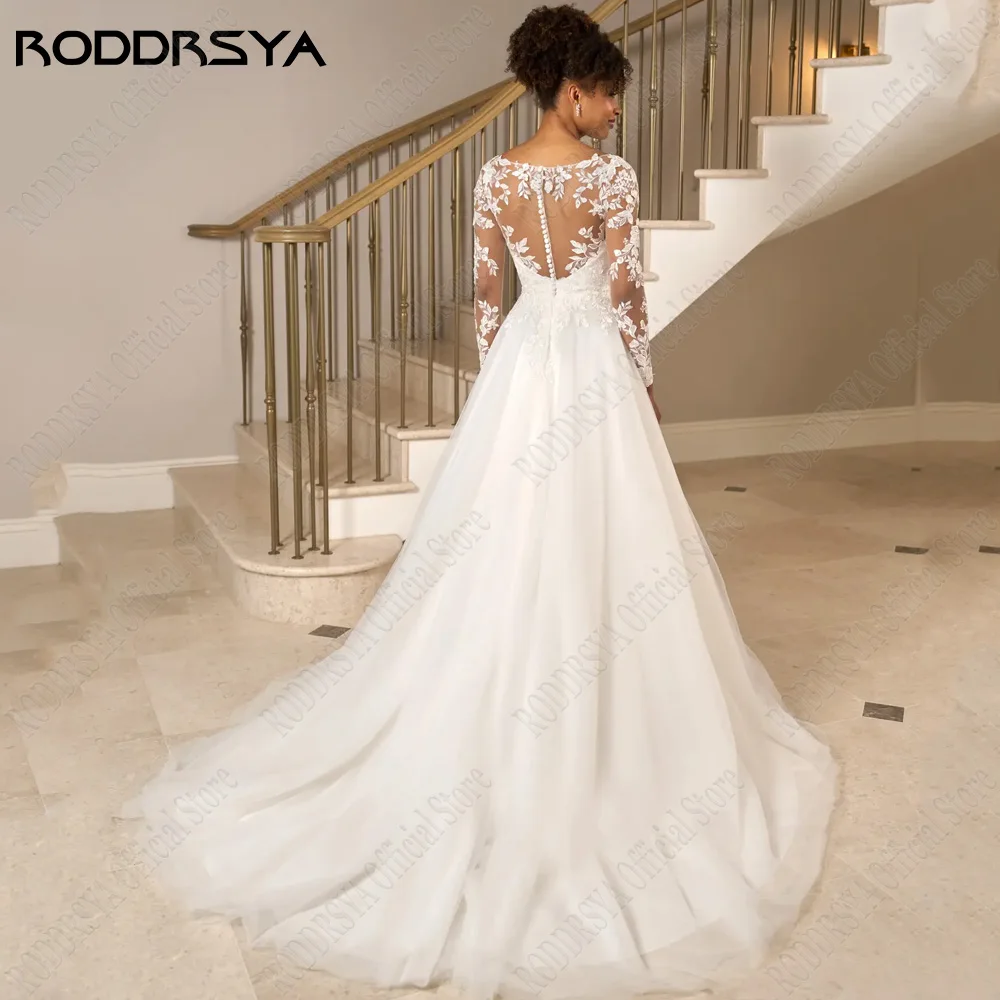 RODDRSY gaun pernikahan elegan, dengan lengan panjang 2023 renda Applique gaun pengantin sipil A-Line ilusi leher V vestido de noiva