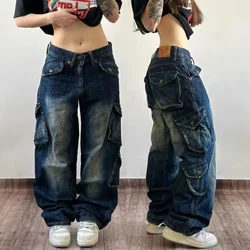 Y2K New Street Retro Denims Harajuku Washed Blue Multi Pocket Baggy Jeans Denim Pants Men's and Women's High Waist Wide Pants