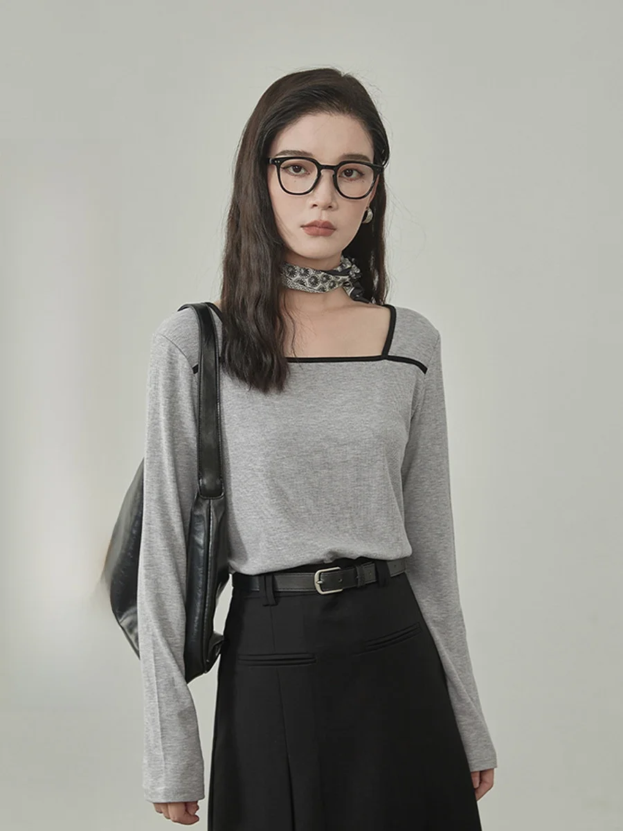 

Женская футболка с квадратным вырезом и длинным рукавом, дизайнерская модель, базовая модель, топ для повседневной носки, корейская версия, приталенный крой