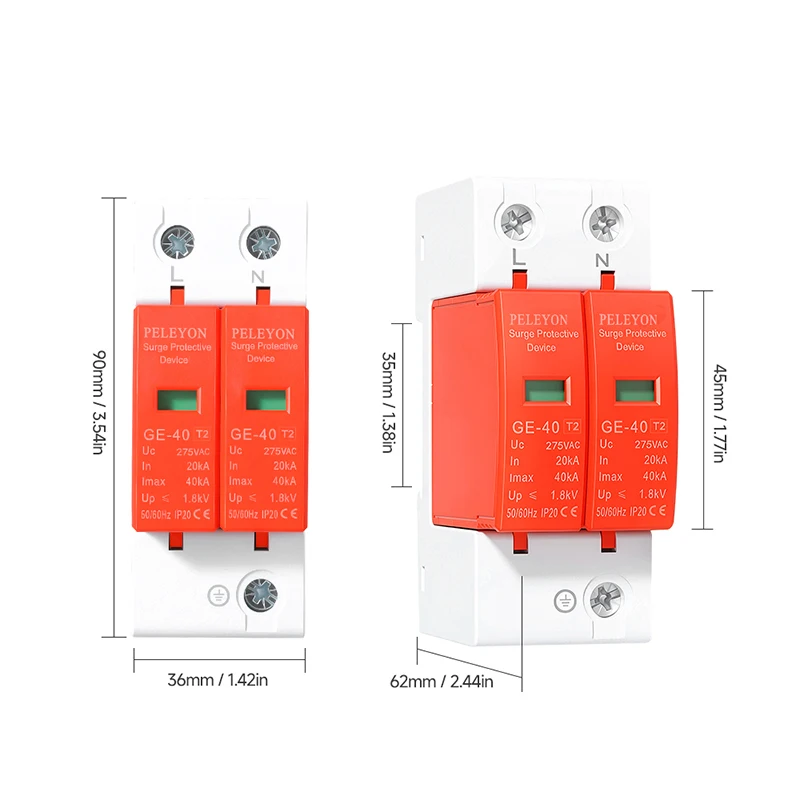 1PC  20KA~40KA  2P AC275V/AC385V   Lightning Protector Surge Protective  Device SPD Arrester with PE House Safety Electricity