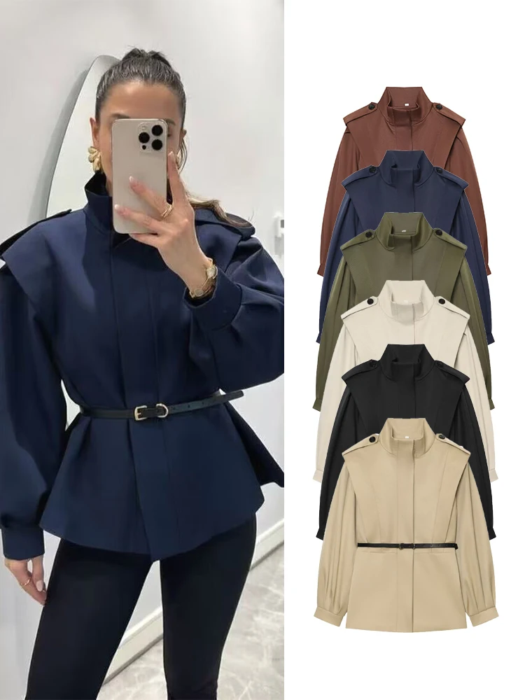 TFMLN Women's Trench Coat 2026 Autumn New Style Pleated Long Sleeve Belted Coat European Casual Fashion Lady Street Outfits
