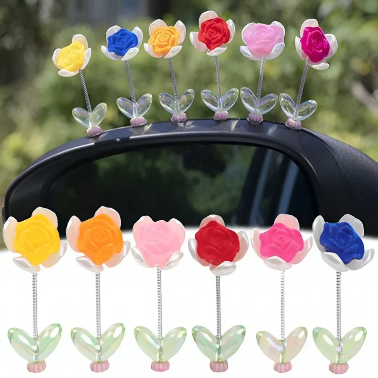 1/3/6pcs Mini Car Center Console Spring Shaking Head Ornaments Four-leaf Clover Rose Decoration Cute Car Shaking Head Ornaments