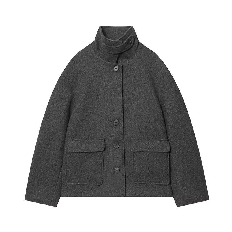 NLZGMSJ Vintage Casual Chic Women Overcoat Solid Pockets Single-breasted Stand Collar Coat New Fashion 2026 Winter Holiday Coats