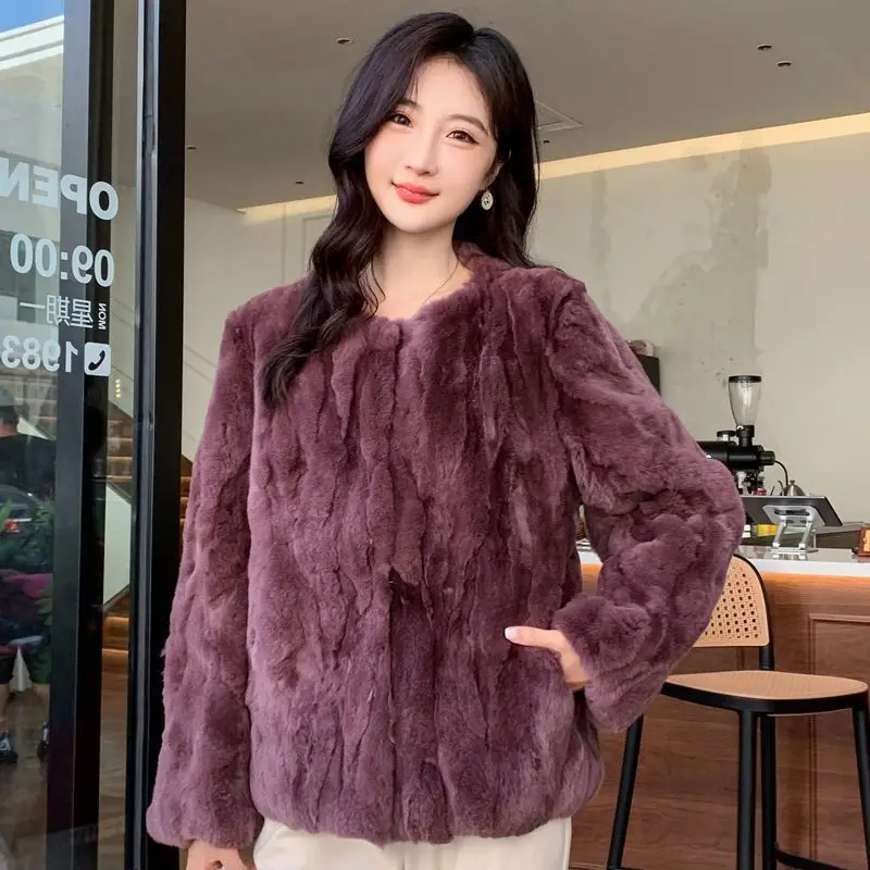 Cappotto in vera pelliccia di coniglio Giacca invernale da donna Stile ampio Manica lunga in pelliccia naturale Bolero Abbigliamento da donna Capispalla pelosi femminili