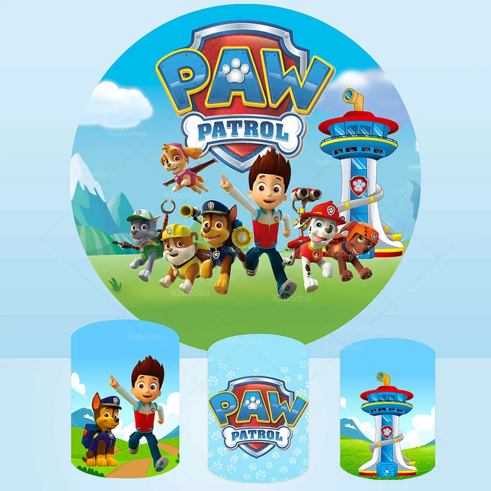 Paw Patrol Background Round Cover Kids Boys Ryder Birthday Party Backdrop Baby Shower Blue Dogs Paw Logo Circle Cylinder Decor