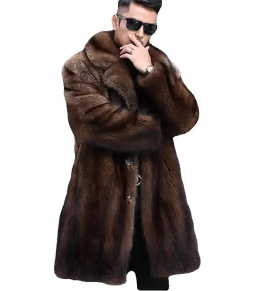 Men\'s thick long brown men\'s faux fur casual coat  winter warm coat