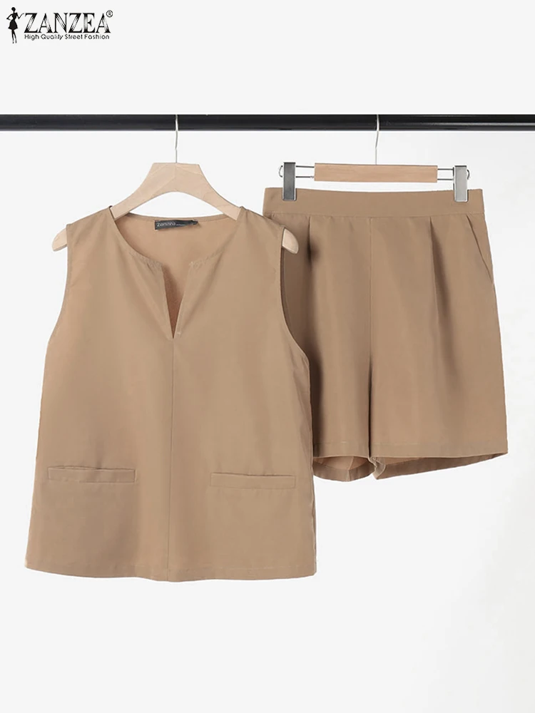 

ZANZEA Summer 2pcs Short Sets 2025 Women Sleeveless Casual Loose Tank and Shorts Fashion Solid Tracksuit Pocket Matching Suits