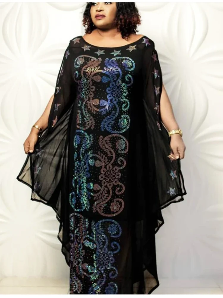 

African Dashiki Kaftan Dress For Women Traditional Chiffon Hot Drill Batwing Sleeve Plus Size Long Dresses Elegant Muslim Abaya