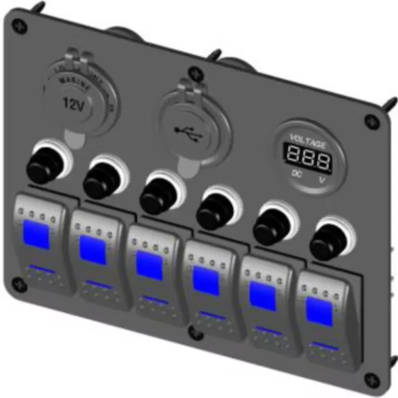 STTL 6 Gang Blue Light 4.8A USB RV Yacht Marine Car Voltmeter Power Socket Overload Protector Rocker Switch